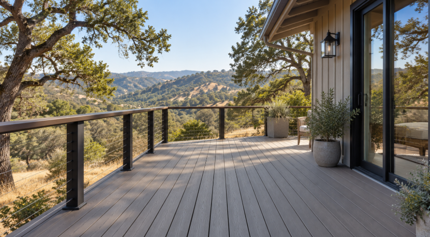Gray-brown composite deck overlooking oak trees and rolling Sierra foothills.