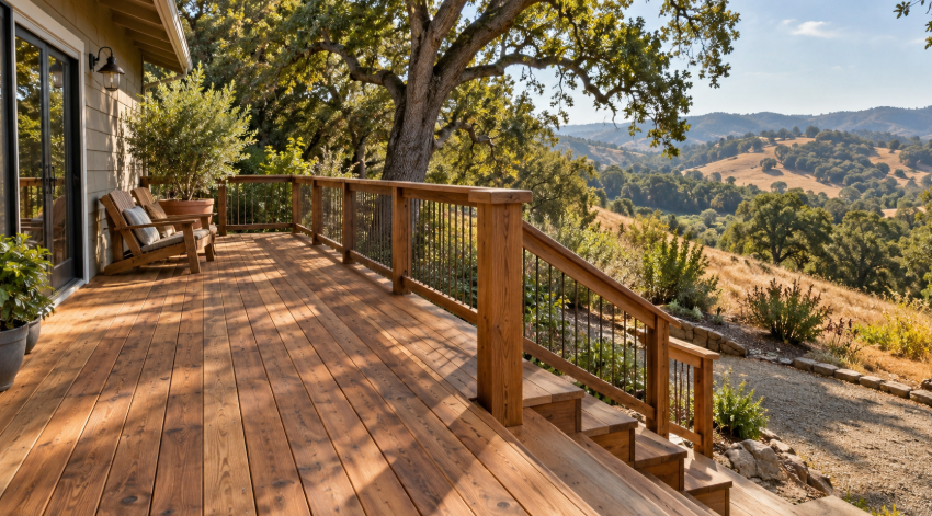 Natural wood deck and stairs at a Sierra Foothill home.